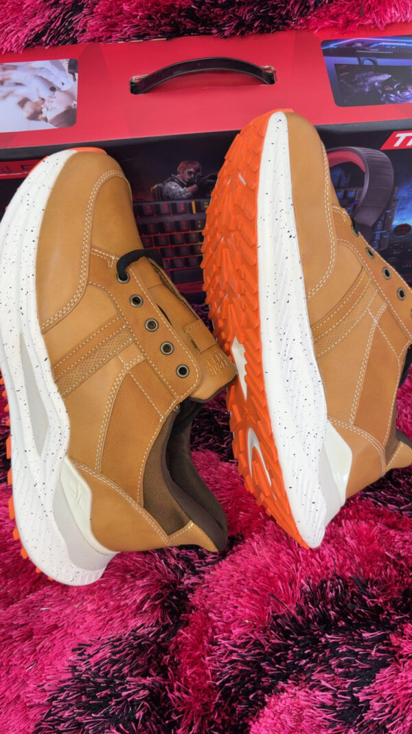 Men’s Casual Tan Leather Sneakers with White & Orange Sole
