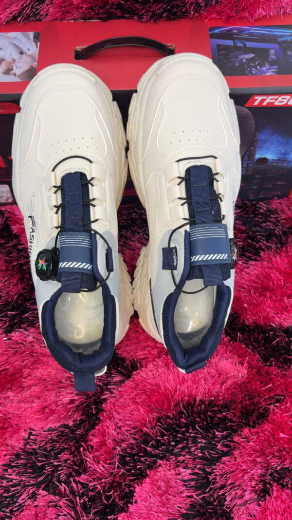 Unisex Cream & Navy Blue Sneakers with Modern Strap Design – Fashionable Casual Sports Shoes