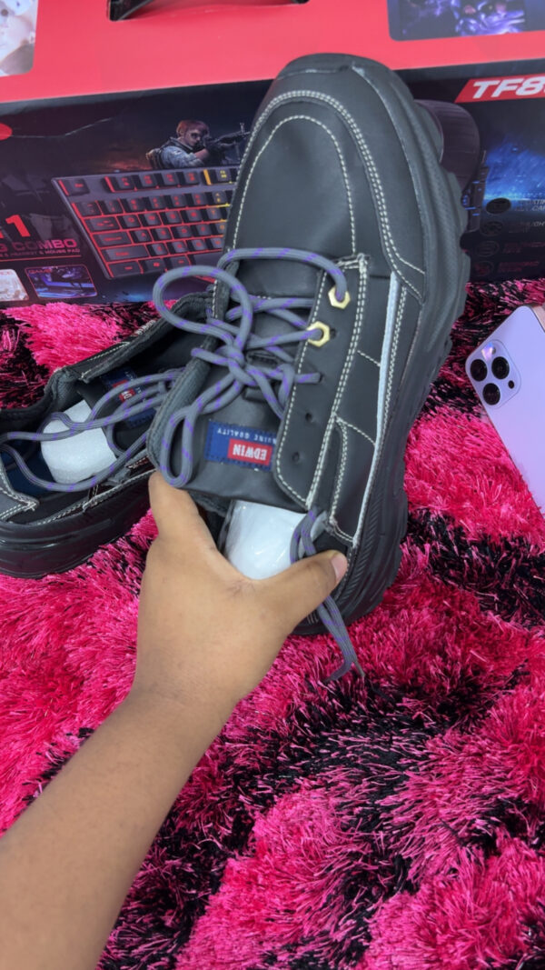 EDWIN Black Chunky Utility Sneakers – Rugged Streetwear Shoes with Contrast Stitching & Purple Laces