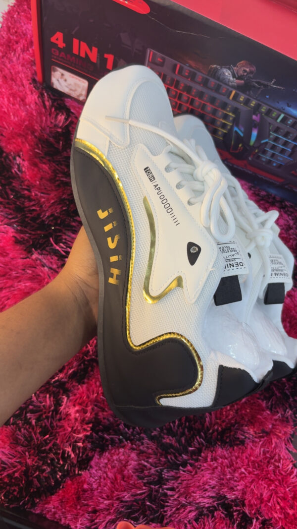 Men’s White Fashion Sneakers with Black & Gold Detailing