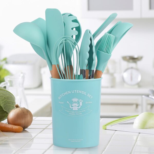 12 Pieces in 1 Set Silicone Kitchen Accessories Cooking Tools Kitchenware Cocina Silicone Kitchen Utensils With Wooden Handles