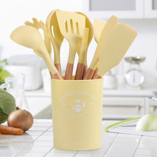 12 Pieces in 1 Set Silicone Kitchen Accessories Cooking Tools Kitchenware Cocina Silicone Kitchen Utensils With Wooden Handles