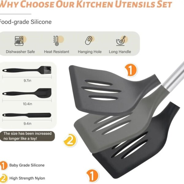 28-Piece Heat-Resistant Non-Stick Silicone Kitchen Utensils Set with Stainless Steel Handle for Cooking & Serving Fish