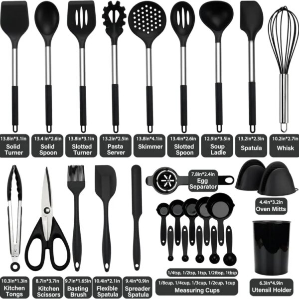 28-Piece Heat-Resistant Non-Stick Silicone Kitchen Utensils Set with Stainless Steel Handle for Cooking & Serving Fish