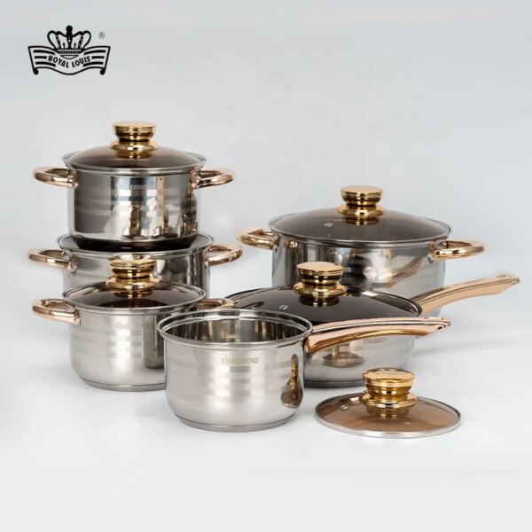 German Design Large Commercial 12 Pcs Stainless Steel Cookware Sets with 5-layers Bottom for Home and Kitchen Utensil