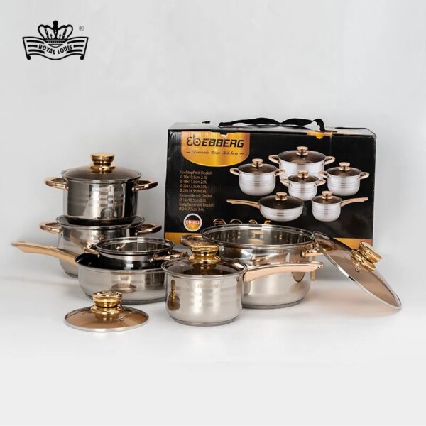 German Design Large Commercial 12 Pcs Stainless Steel Cookware Sets with 5-layers Bottom for Home and Kitchen Utensil