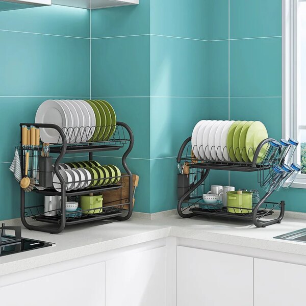 2-Tier Carbon Steel Dish Drying Rack with Drainboard Space-Saving Kitchen Organizer and Cutting Board Holder for Kitchen Sink