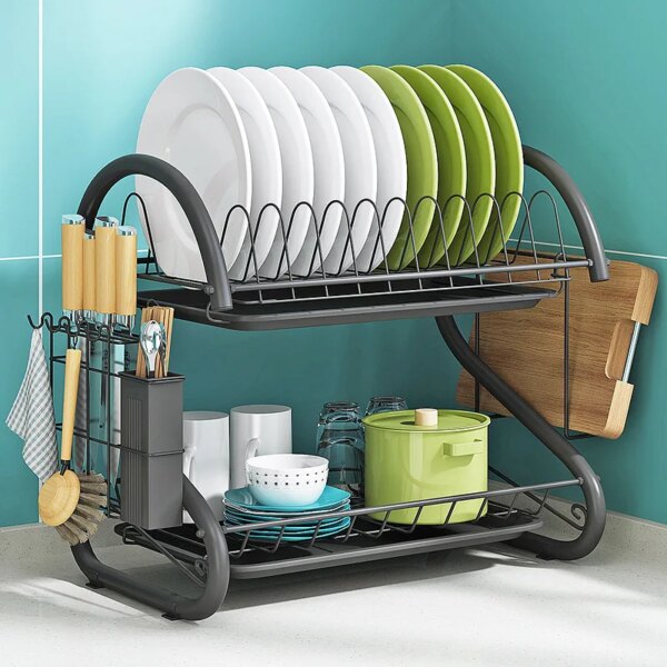 2-Tier Carbon Steel Dish Drying Rack with Drainboard Space-Saving Kitchen Organizer and Cutting Board Holder for Kitchen Sink