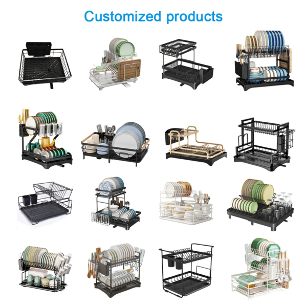 2-Tier Carbon Steel Dish Drying Rack with Drainboard Space-Saving Kitchen Organizer and Cutting Board Holder for Kitchen Sink