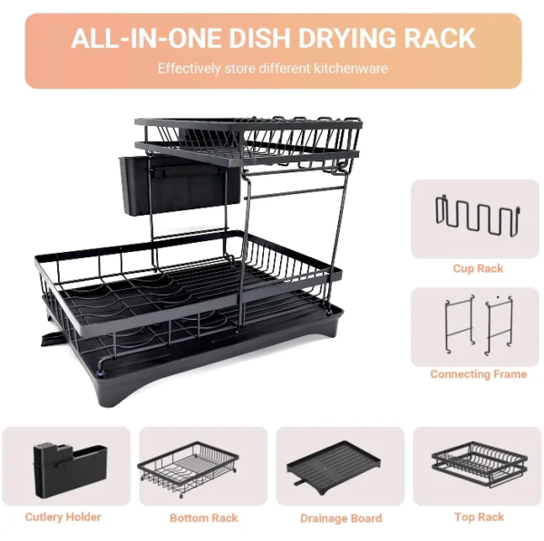 2-Tier Dish Drying Rack With Drainer Board Large Capacity Kitchen Cutlery Storage Organizer Dish Drainer with Utensil Holder