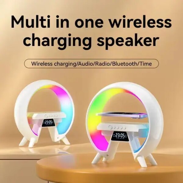 4 in 1 BT Speaker With Alarm Clock Wireless Charger FM Radio Wireless Phone Charger Color Nightlight Speaker