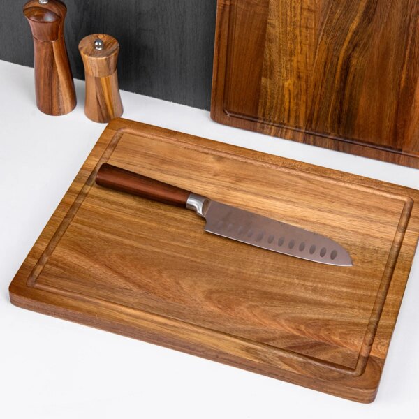 Acacia Solid Wood Cutting Board, Anti-overflow Sink & Steak Plate, Solid Wood Pizza/Grilled Meat Board