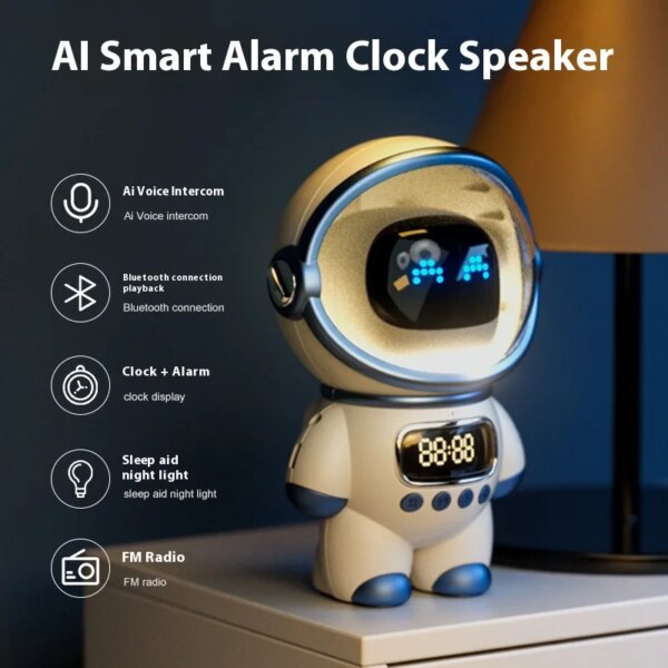 AI Smart Intercom Audio Alarm Clock Spaceman Creative Home Theatre Radio with for Bluetooth TF Card FM Battery Powered