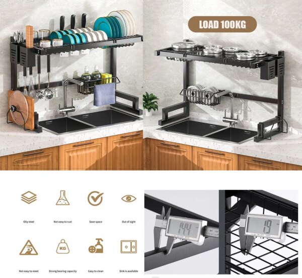 Carbon Steel Multifunctional Drain Rack Dish Sink Drying Storage Rack with Utensil Holder and Chopping Board Holder for Kitchen