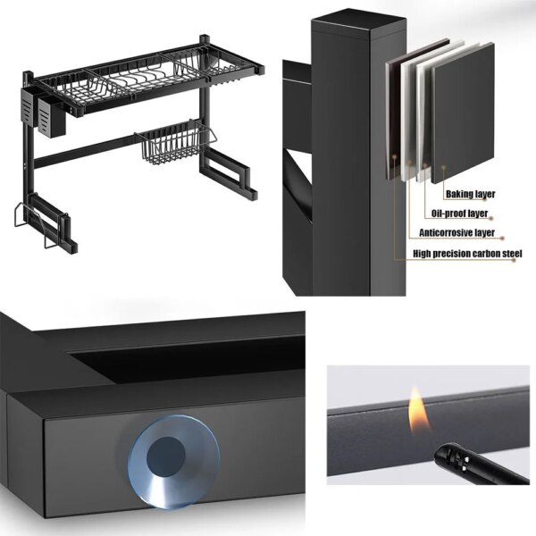 Carbon Steel Multifunctional Drain Rack Dish Sink Drying Storage Rack with Utensil Holder and Chopping Board Holder for Kitchen