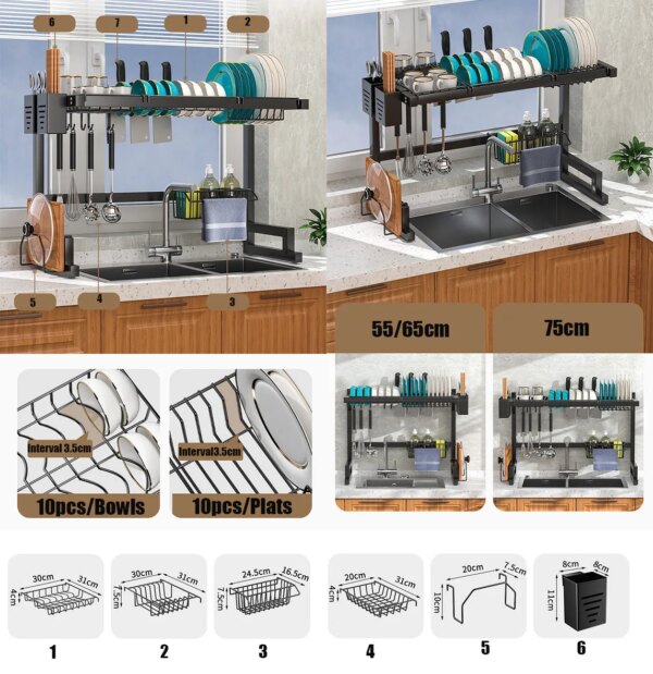 Carbon Steel Multifunctional Drain Rack Dish Sink Drying Storage Rack with Utensil Holder and Chopping Board Holder for Kitchen