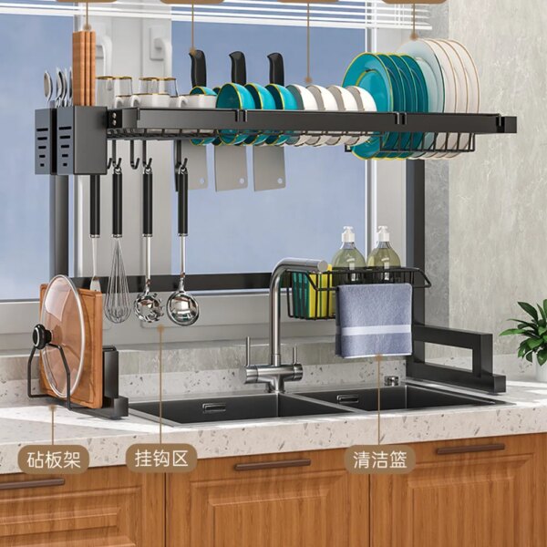 Carbon Steel Multifunctional Drain Rack Dish Sink Drying Storage Rack with Utensil Holder and Chopping Board Holder for Kitchen