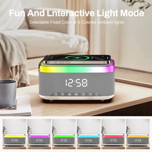 Custom Modern Desk Led Colorful Light Digital Alarm Clock Radio bluetooth Music Speaker Alarm Clock with Wireless Phone Charging