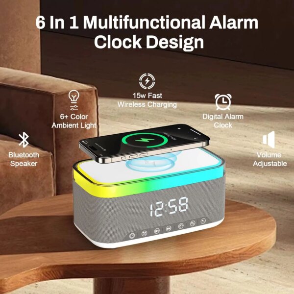 Custom Modern Desk Led Colorful Light Digital Alarm Clock Radio bluetooth Music Speaker Alarm Clock with Wireless Phone Charging