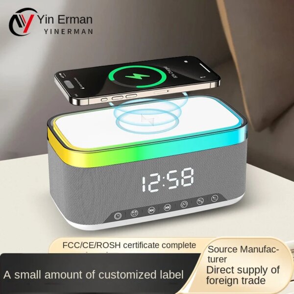 Custom Modern Desk Led Colorful Light Digital Alarm Clock Radio bluetooth Music Speaker Alarm Clock with Wireless Phone Charging