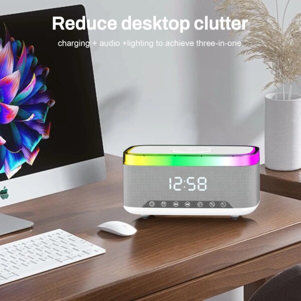 Custom Modern Desk Led Colorful Light Digital Alarm Clock Radio bluetooth Music Speaker Alarm Clock with Wireless Phone Charging