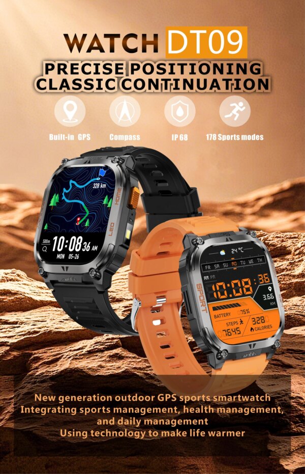 Dodobit New GPS Smart Watch DT09 with Strong Flashlight, 2.01inch Screen 630mAh Battery Call Barometric Sports Health Tracker