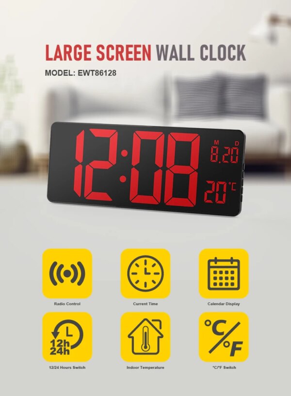 Free Sample Colorful LED Alarm Clock with Time Calendar Display Indoor Thermometer Color Light Decorative Big Digital Wall Clock