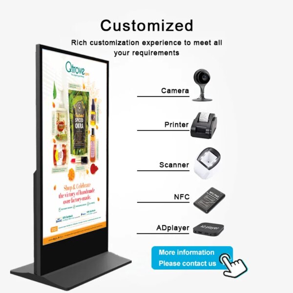 HDFocus OEM ODM 32 to 85 Inch Indoor Floor Standing LCD Interactive Kiosk Android Digital Signage Display Screen for Advertising