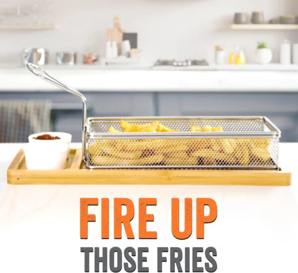 Modern Eco-Friendly Stainless Steel Sustainable Wood Chip Dip Serving Basket French Fries Holder with Rubber Board Sauce Cup Set