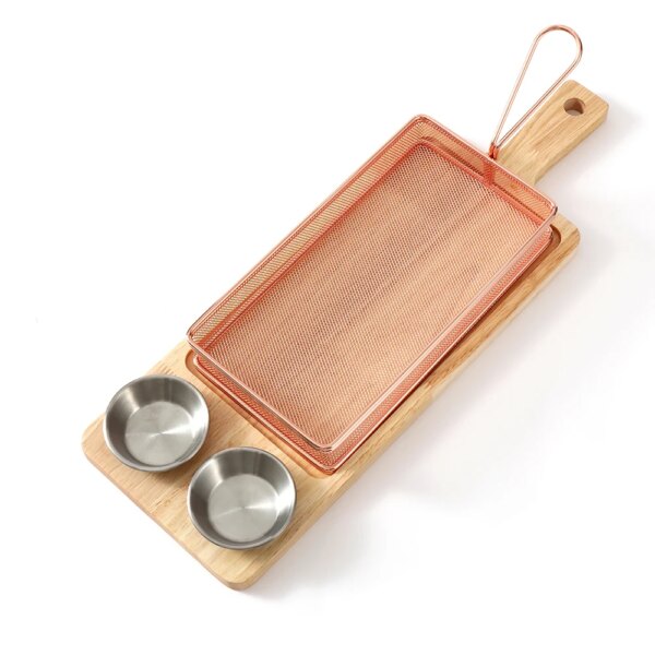 Modern Eco-Friendly Stainless Steel Sustainable Wood Chip Dip Serving Basket French Fries Holder with Rubber Board Sauce Cup Set