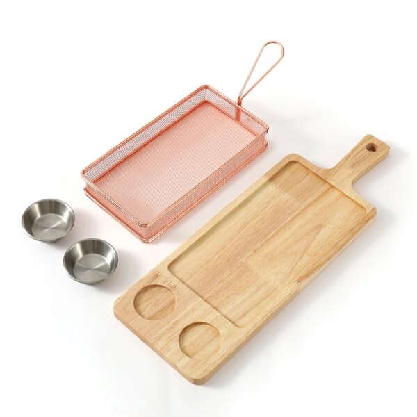 Modern Eco-Friendly Stainless Steel Sustainable Wood Chip Dip Serving Basket French Fries Holder with Rubber Board Sauce Cup Set