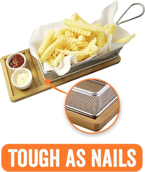 Modern Eco-Friendly Stainless Steel Sustainable Wood Chip Dip Serving Basket French Fries Holder with Rubber Board Sauce Cup Set