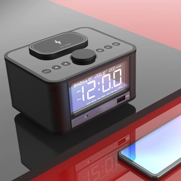 Multi Function Wireless bluetooth Alarm Clock Including 10W Wireless Charger Audio Radio Support for Charging Mobile Phone
