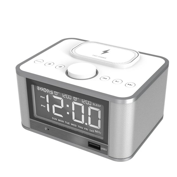 Multi Function Wireless bluetooth Alarm Clock Including 10W Wireless Charger Audio Radio Support for Charging Mobile Phone