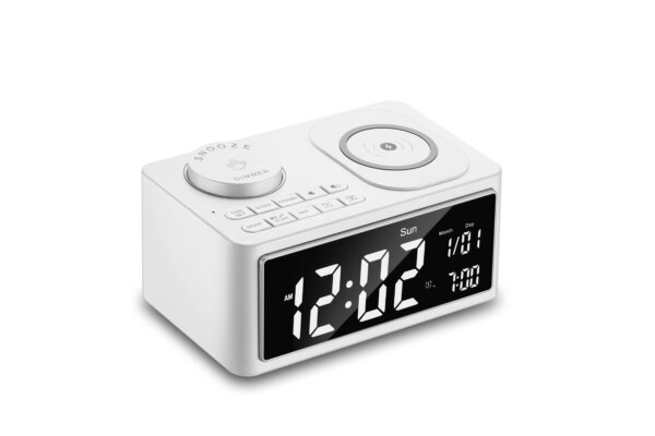 Multi Function Wireless bluetooth Alarm Clock Including 10W Wireless Charger Audio Radio Support for Charging Mobile Phone