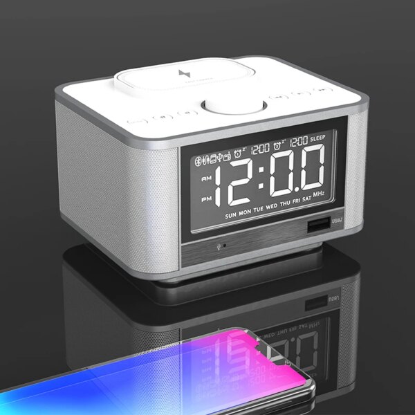 Multi Function Wireless bluetooth Alarm Clock Including 10W Wireless Charger Audio Radio Support for Charging Mobile Phone