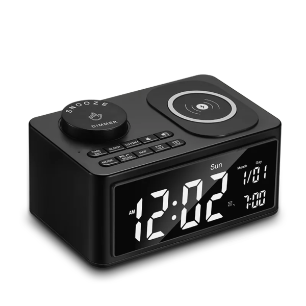 Multi Function Wireless bluetooth Alarm Clock Including 10W Wireless Charger Audio Radio Support for Charging Mobile Phone