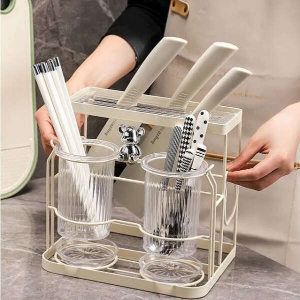 Multi-functional Integrated Knife Holder Chopsticks Spoon Countertop Shelf Kitchen Light Luxury Cutting Board Storage Drain Rack