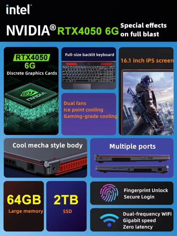 New 16.1 Inch Intel Core I9 13900H Gamer PC RTX4050 6G with Powerful Graphics Card I9 12th Gen 64GB 2TB Business Gaming Laptop