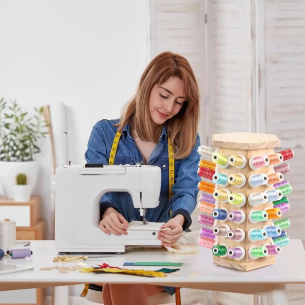 Rotating wooden sewing thread holder stand and bamboo sewing thread roller display rack holder