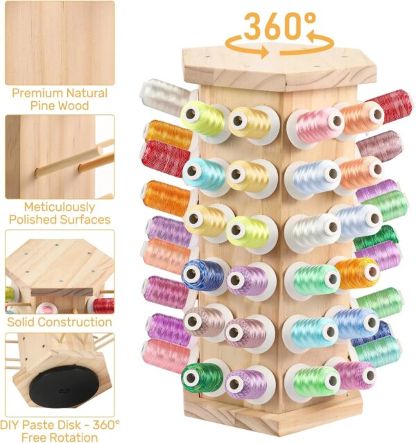 Rotating wooden sewing thread holder stand and bamboo sewing thread roller display rack holder