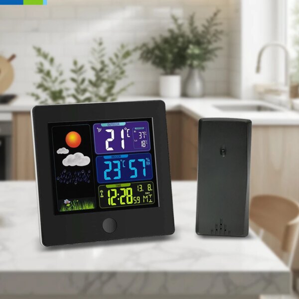 Smart Radio Control Weather Forecast Clock with LED Backlight Perpetual Calendar & Day of Week Touch Snooze Alarm 12/24H Display