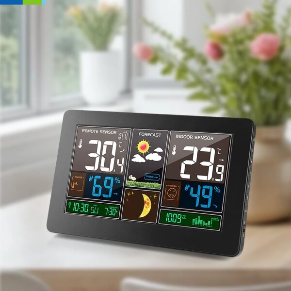 Smart Radio Control Weather Forecast Clock with LED Backlight Perpetual Calendar & Day of Week Touch Snooze Alarm 12/24H Display