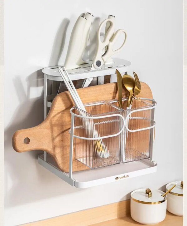 Versatile Multi-Functional Metal Kitchen Wall Rack Standing Type Iron Cutting Board Stand Knife Holder Chopsticks Organizer