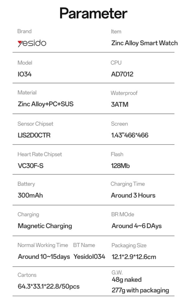 Yesido 1.43' AMOLED Screen 3ATM Phone Calling Rotating Control Magnetic Charging Zinc Alloy Smart Watch IO34