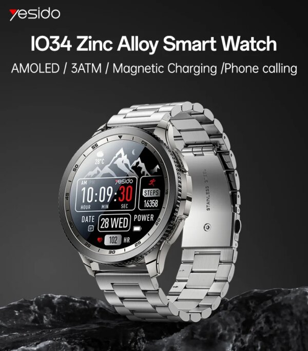 Yesido 1.43' AMOLED Screen 3ATM Phone Calling Rotating Control Magnetic Charging Zinc Alloy Smart Watch IO34