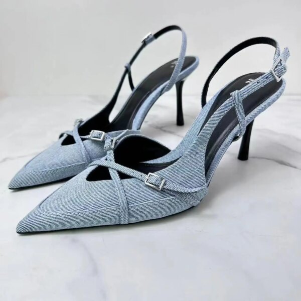 ZA Summer New Denim Fabric Pointy Foot High-heeled Women's Shoes Fashion with Thin Heels. Sandals Girl