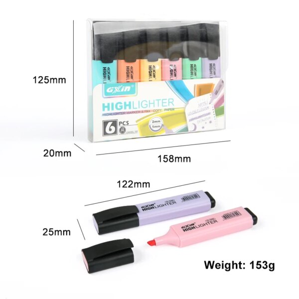 GXIN G-342-6P OEM support logo highlighter pen set pastel 6 color stationery set highlighter marker pen kids highlight pen
