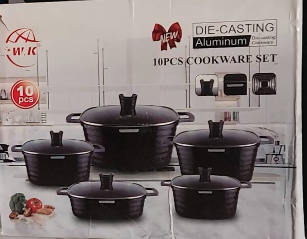 W.K Premium 10-Piece Die-Cast Aluminum Cookware Set – Granite Finish Non-Stick Pots